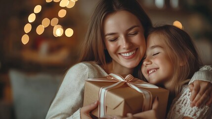 Happy mother congratulating her loving daughter with birthday at home give her gift box and embrace Family holidays : Generative AI