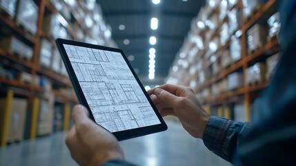 Poster - Hands architect and tablet for blueprint in logistics warehouse for building design and expansion Contractor people and scrum on app for floor plan review or meeting in factory for sup : Generative AI