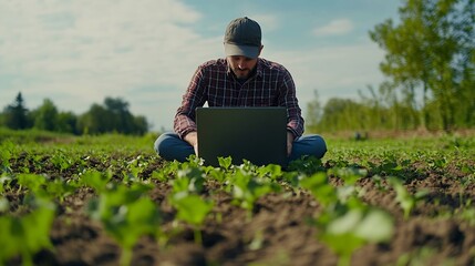 Aufkleber - Enhancing Crop Productivity Farmer Analyzing and Optimizing Smart Farming Techniques on Laptop : Generative AI