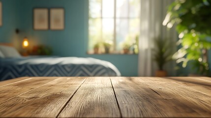Poster - Empty wooden desk on blurred bedroom for product presentation : Generative AI