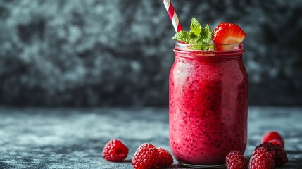 Poster - healthy red berry smoothie in a glass jar on a grey background : Generative AI