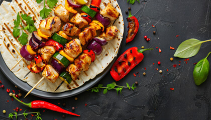 Wall Mural - Chicken kebab with grilled vegetables and tortilla wrap. Top view