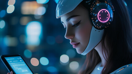 Poster - digital chatbot, internet bot application, conversation assistant, ai artificial intelligence. woman