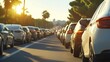 © The Little Hut - Back tail view of many cars stuck in row at highway road traffic jam warm hot sunny day at southern Europe Automobile accident vehicle rush hour collapse Transportation vacation season : Generative AI