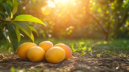 Poster - A picture of Beautiful Ripe Yellow Mangoes lying on the ground with a Beautiful Background and Morning Sun rays : Generative AI