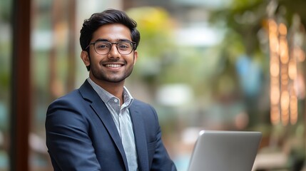 Leinwandbilder - Smiling indian businessman in suit and glasses with laptop near office building : Generative AI
