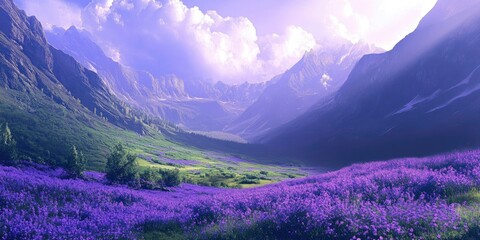 A stunning mountain valley scenery Purple-themed desktop wallpaper with a scenic art background of a natural scene