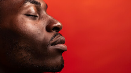 a close-up white black man with its eyes closed and head raised, exuding relaxation against a striking red background