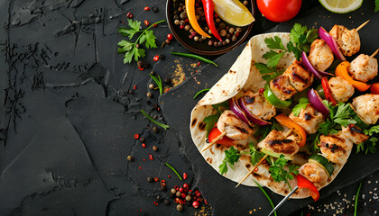 Chicken kebab with grilled vegetables and tortilla wrap. Top view