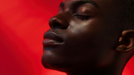 a close-up white black man with its eyes closed and head raised, exuding relaxation against a striking red background