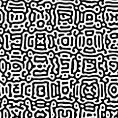 Monochrome abstract tribal maze seamless pattern with organic line shapes in black and white design