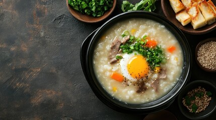 Wall Mural - Top view of a traditional Korean New Year dish, tteokguk, rice cake soup with egg garnish. Copy space.