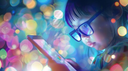 Young girl using tablet in front of colorful lights