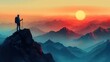© Mohammed - A hiker in a red jacket stands on the edge of a rocky cliff, gazing at a stylized landscape of layered mountains under a vivid orange sky.
