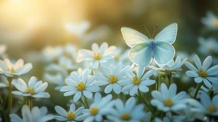 Wall Mural - Spring floral nature background beautiful white flowers and butterflies Gentle artistic nature image wild flowers of Stellaria holostea spring summer blossoming season : Generative AI