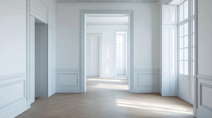 Poster - An empty bedroom with white painted walls oak floors and access to a bathroom with a dressing room : Generative AI
