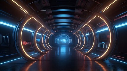 A tunnel that is dark and lit by lasers, with futuristic neon lighting and metal panels