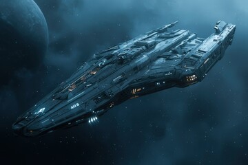 Futuristic spaceship flying through a starry night sky