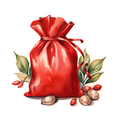 Wall Mural - Red gift bag with tied ribbon surrounded by festive elements, ideal for holiday or special occasion themes.