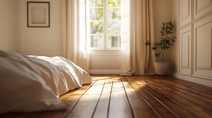 Poster - Empty bedroom with French oak floors : Generative AI