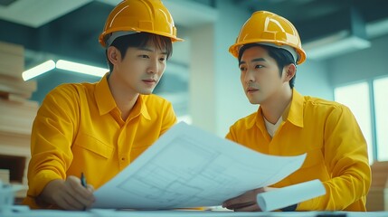 Two Asian professional engineers are discussing construction blueprints wearing yellow shirts doing big work and discussing large white plan paper on the table in the office : Generative AI