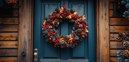 Sticker - A wreath of dried leaves, flowers and pine cones hanging on the door of a wooden house.