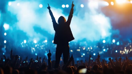 A rock star performs on stage in front of a large crowd silhouette. Cyberpunk tone Bokeh