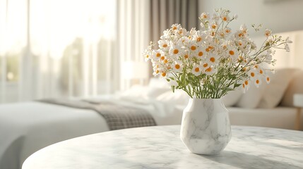 Poster - Marble table top with white bed in bedroom loose focal background  Close up photo of contemporary interior modern living space : Generative AI