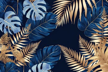 Vibrant Blue and Gold Tropical Leaves Background Featuring Monstera Palm and Fern Patterns