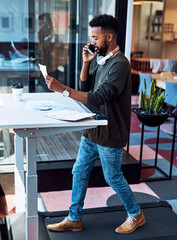 Poster - Paperwork, walking and businessman on office treadmill for cardio exercise, legs workout or mobility. Steps, active fitness or healthy designer on standing desk in breakroom for phone call or deal