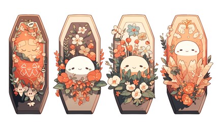 A whimsical illustration featuring cute characters in floral coffins, blending elements of nature and fantasy art.