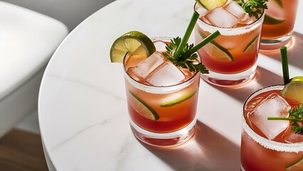 Close up view of refreshing caipirinha cocktails with lime and ice on tabletop on white