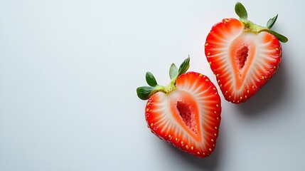 Wall Mural - Fresh red strawberries with half slice isolated on white background top view flat lay : Generative AI