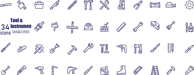 Tool & Instrument thin line icons set. Building Tools editable stroke icon.