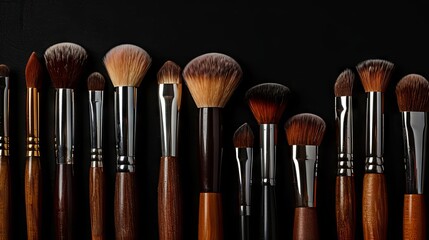 Various professional makeup brushes isolated on black background Cosmetics concept with copy space