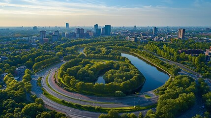Fototapete - Panoramic aerial landscape of Rotterdam city New Maas river canals vehicular streets roundabouts green trees and skyline against blue sky in background sunny day in South Holland Nethe : Generative AI
