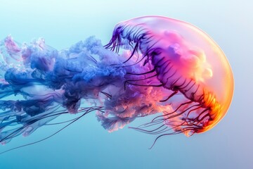 Wall Mural - A vibrant jellyfish with pink, purple, and orange hues floats against a blue background.