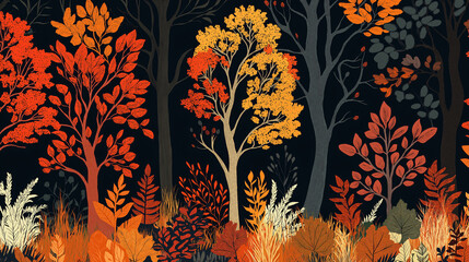 Abstract seamless pattern with autumn forest. Trees, bushes, grass, foliage