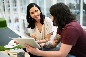 Aufkleber - Business, people and discussion with tablet in office for communication, brainstorming and digital collaboration. Creative team, graphic designers and online with technology for visual project.