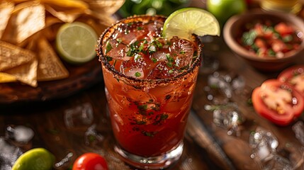 Vertical view of a glass containing the Michelada cocktail made with tomato juice beer lime and accompanied by nachos