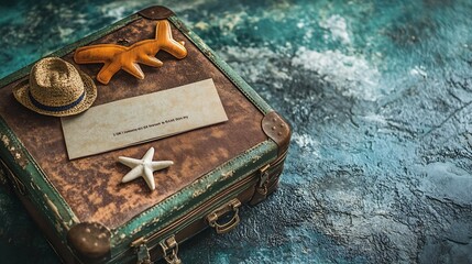 Wall Mural - Suitcase with beach accessories travel gift voucher and wooden plane on grunge background closeup : Generative AI