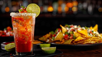 Vertical view of a glass containing the Michelada cocktail made with tomato juice beer lime and accompanied by nachos