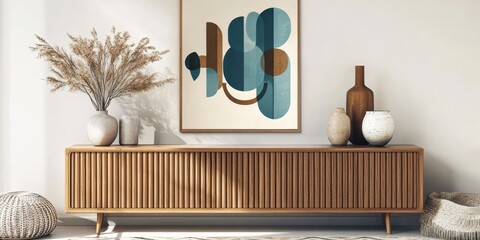 a modern, minimalist living room interior, statement art on wall in retro abstract geometric shapes 