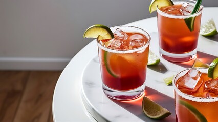 Close up view of refreshing caipirinha cocktails with lime and ice on tabletop on white