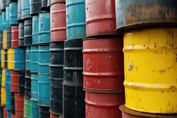 A stack of barrels with different colors and sizes