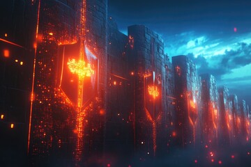 Wall Mural - A wall of buildings with glowing red shields on them