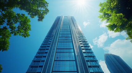 Poster - Modern office buildings exterior towering against blue sky Jakarta Indonesia skyline viewed from below with facade of apartments condominiums and offices : Generative AI