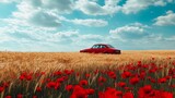 Red car on the poppy and wheat field foreground Summertime travel Travel in Ukraine Scenery summer landscape with red car on background Adventure in idyllic countryside Poppy meadow an : Generative AI