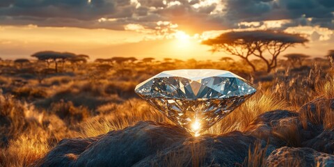 Wall Mural - Diamond on a rock, sunset, African savanna.