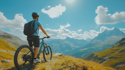 Cyclist man riding electric bike outdoors on sunny day Male tourist resting on grassy hill enjoying beautiful mountain landscape wearing helmet and backpack Concept of active leisure : Generative AI